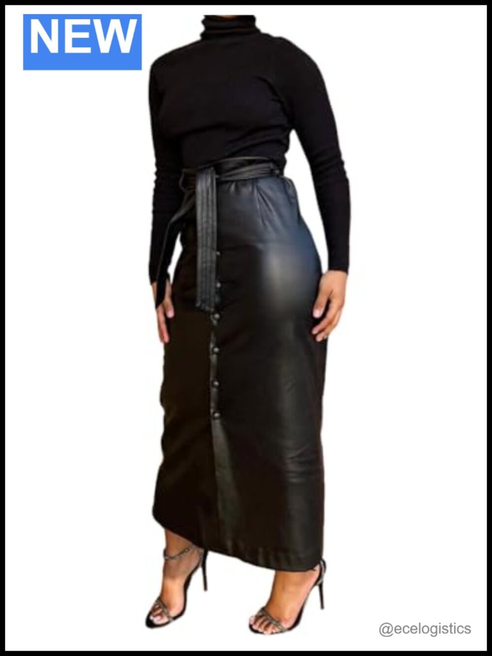 Faux PU Leather Maxi Long Skirt with Belt Button Down Slit Pencil
